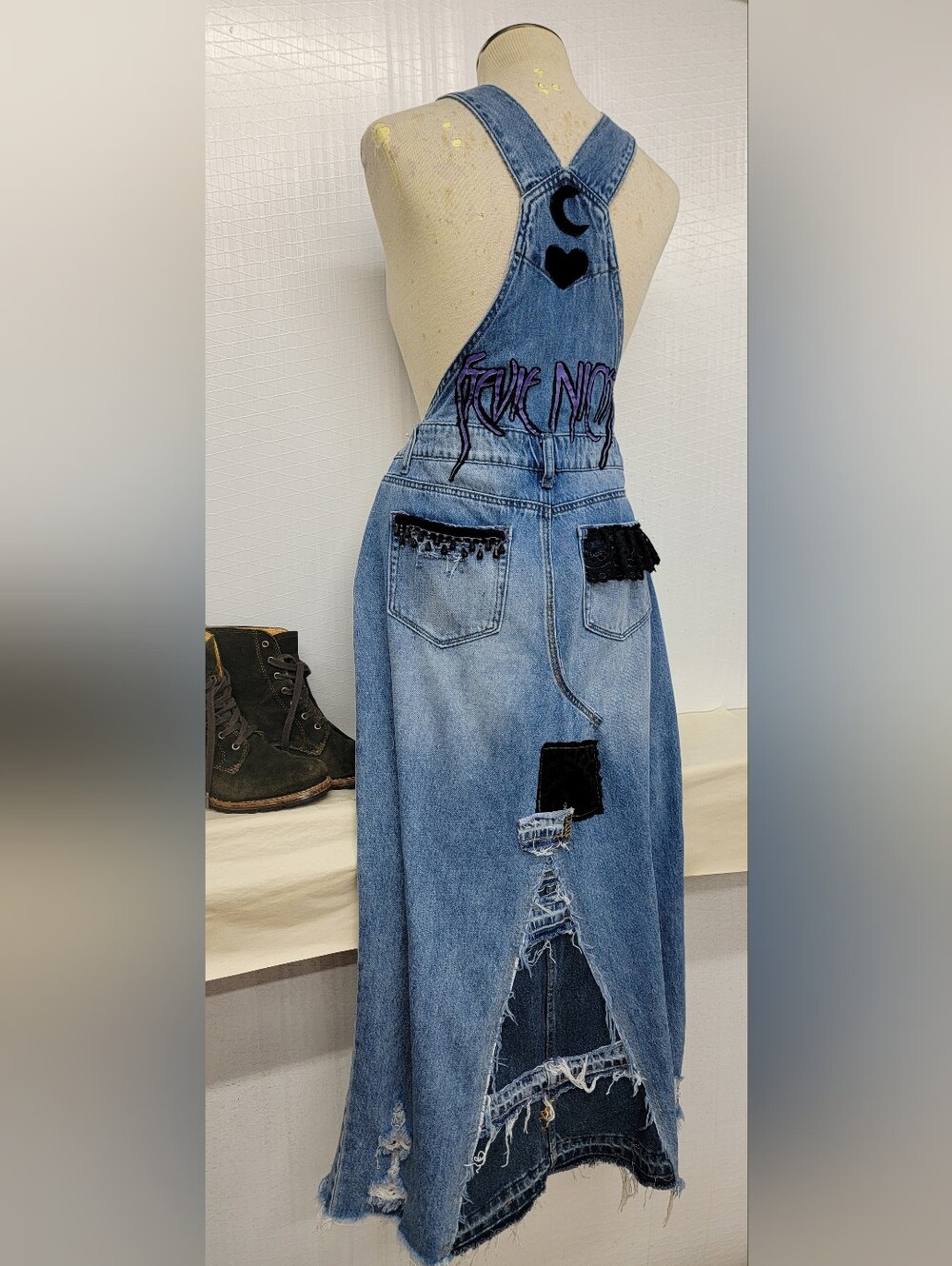 Stevie Nicks Overalls Maxi Dress - Cottage Vamp - Upcycled - Picture 13 of 14